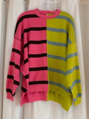 Free People Colorblock Striped Crewneck Sweater in Hot Pink, Lime and Black